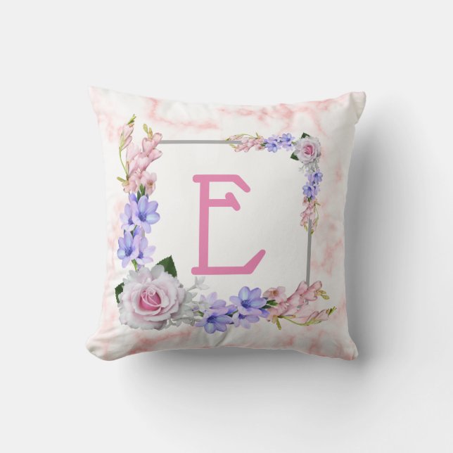Pink Marble Rose Monogram Throw Pillow (Front)