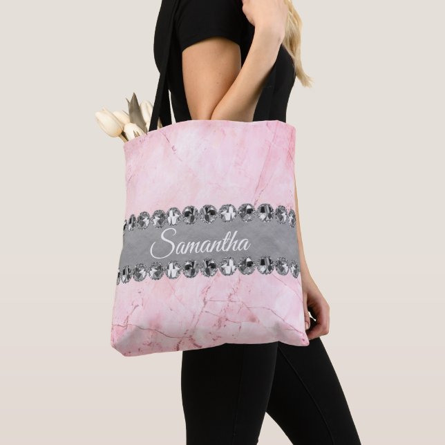 Pink Marble Silver Diamond Bling Personalized Tote Bag (Close Up)