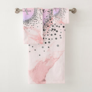 Pink Marble Silver Speckled Glittery Monogram Bath Towel Set