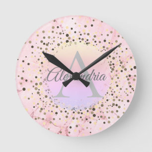 Pink Marble Speckled Monogram Personalized Round Clock