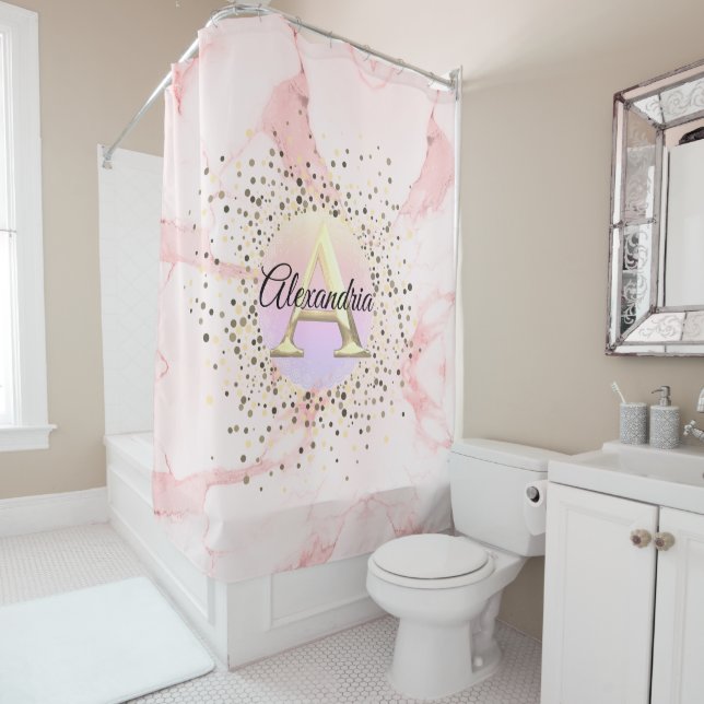 Pink Marble Speckled Monogram Personalized Shower Curtain (In Situ)