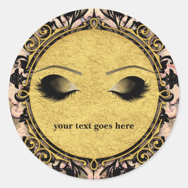 Pink Marble Swirl Glam Gold Makeup Eyelashes Favor Classic Round Sticker (Front)