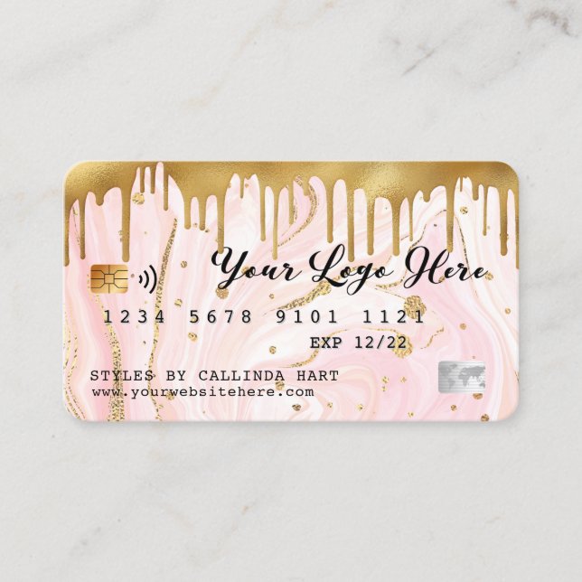 Pink Marble Swirl Gold Drip Credit Card Style (Front)