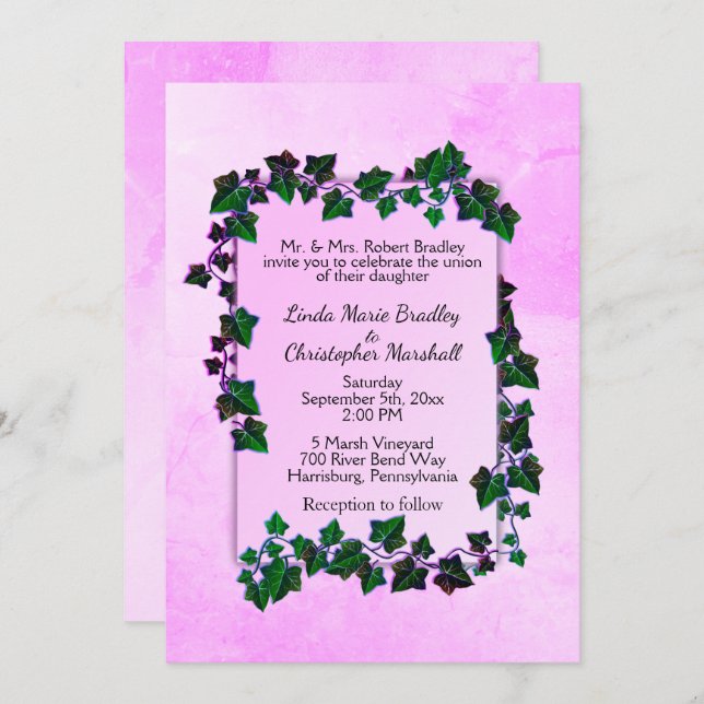 Pink Marble Vines Wedding Invitation (Front/Back)