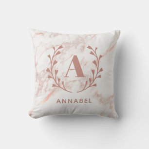 Pink Marble Wreath Monogram Custom Name Throw Pillow