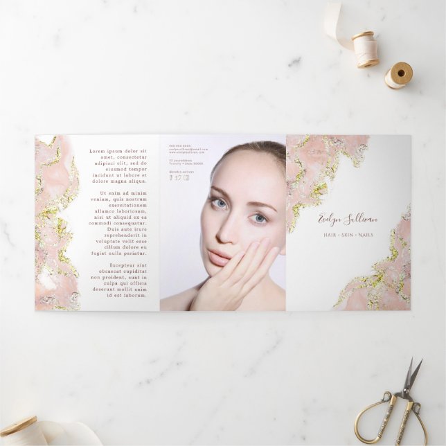 Pink marbling design trifold brochure (Outside)