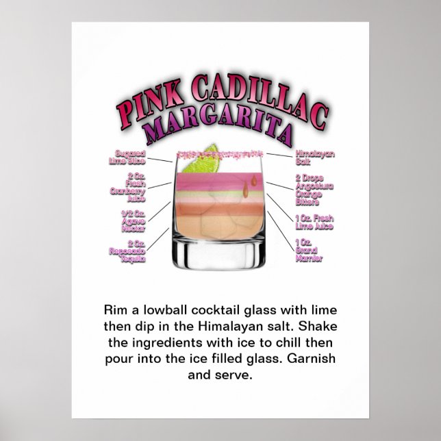 PINK MARGARITA Cocktail Recipe 18"x24" Art Poster (Front)