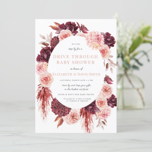 Pink Maroon Floral Boho Drive By Girl Baby Shower Invitation