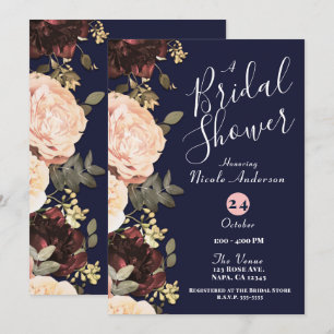 Pink Maroon Floral Green Navy Blue Bridal Shower Invitation