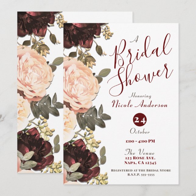 Pink Maroon Floral Greenery Leaves Bridal Shower  Invitation (Front/Back)