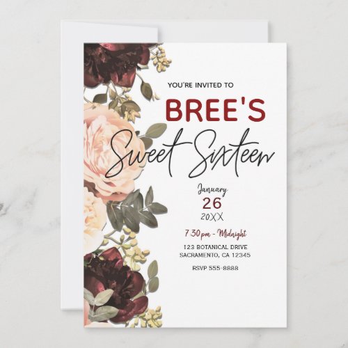 Pink  Maroon Floral Greenery Leaves Sweet 16 Invitation