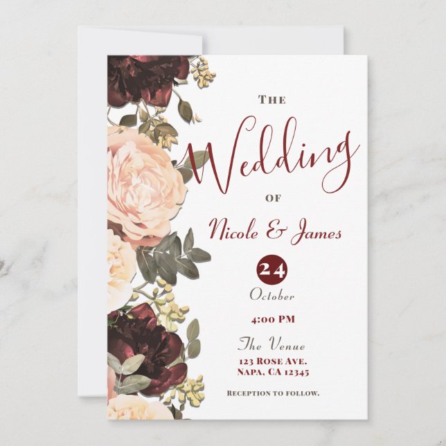 Pink & Maroon Floral Greenery Leaves Wedding  Invitation (Front)