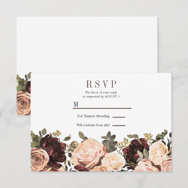 Pink & Maroon Floral Greenery Leaves Wedding RSVP Invitation (Front/Back)