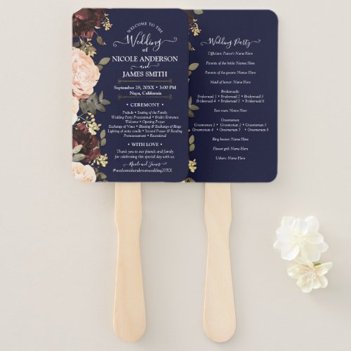 Pink Maroon Floral Greenery Navy Blue Wedding  Hand Fan