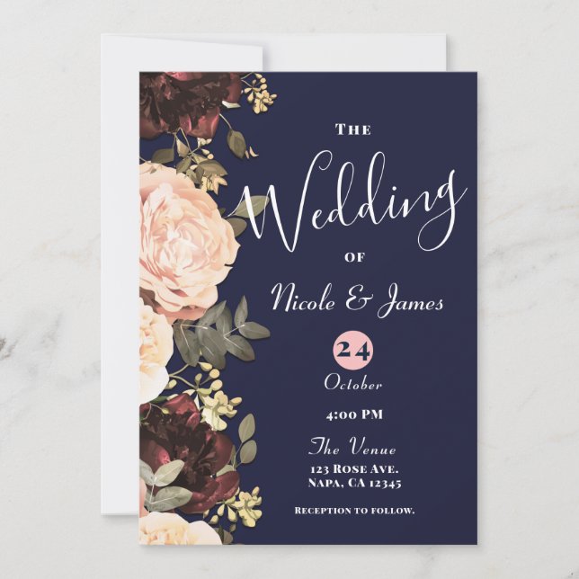 Pink & Maroon Floral Greenery Navy Blue Wedding   Invitation (Front)
