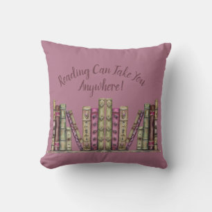 Pink Maroon Old Books Library Shelf Throw Pillow