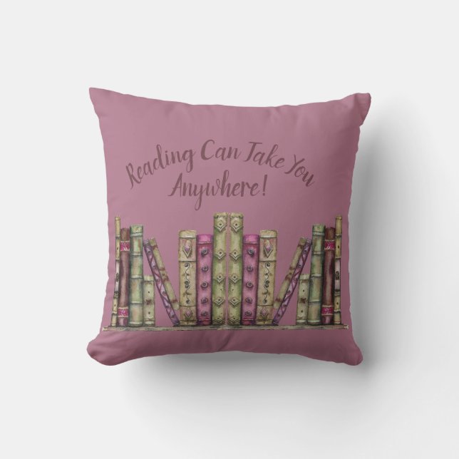 Pink Maroon Old Books Library Shelf Throw Pillow (Front)