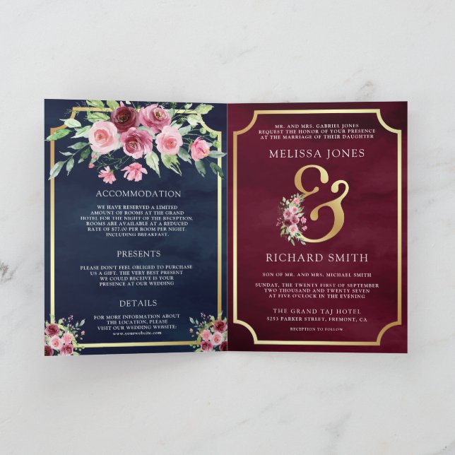 Pink Marsala Floral Ampersand Navy QR Code Wedding Invitation (Inside)