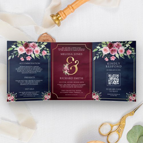 Pink Marsala Floral Ampersand Navy QR Code Wedding Tri_Fold Invitation