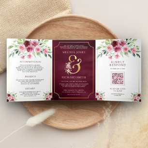 Pink Marsala Floral Ampersand QR Code Wedding Tri-Fold Invitation