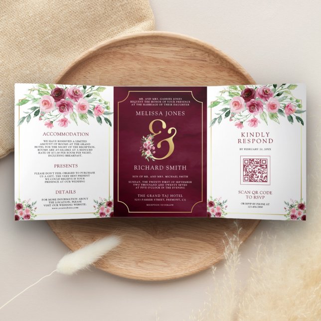 Pink Marsala Floral Ampersand QR Code Wedding Tri-Fold Invitation (Creator Uploaded)