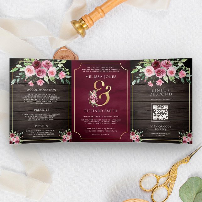 Pink Marsala Floral Ampersand Wood QR Code Wedding Tri-Fold Invitation (Creator Uploaded)