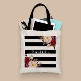 Pink Marsala Floral Watercolor Black White Stripe Tote Bag