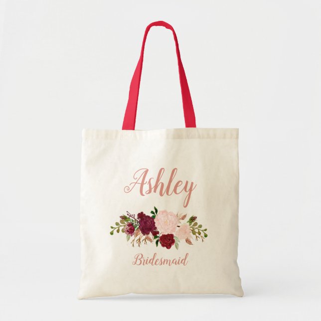 Pink Marsala Personalized Floral Bridesmaid Tote Bag (Front)