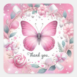 Pink Marshmallow Candy Butterfly - Thank you - Square Sticker