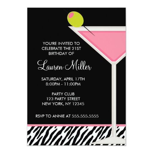 Pink Martini and Zebra Pattern Birthday Party 5x7 Paper Invitation Card ...