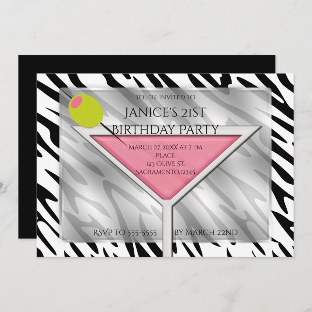 Pink Martini Cocktail Drink Chic Party Invitations (Front/Back)