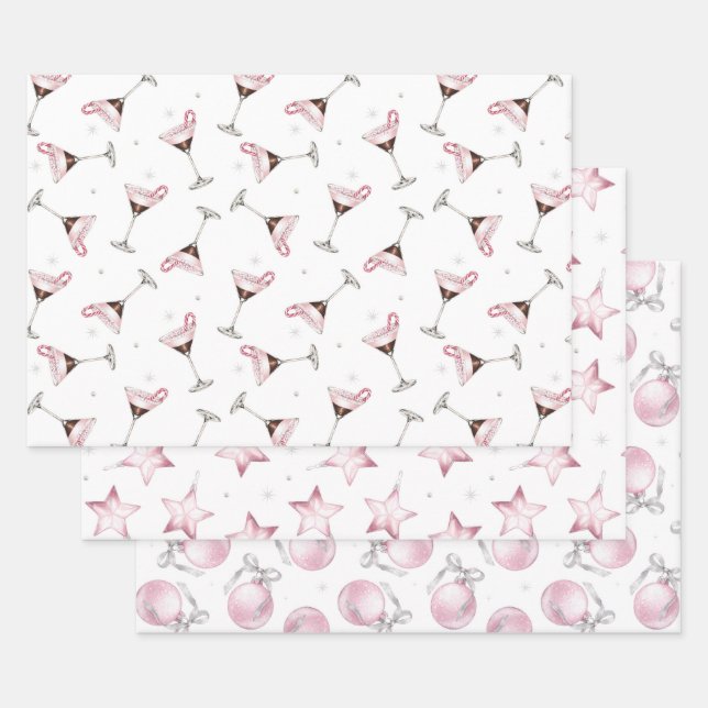 Pink Martini Cocktail Pattern Festive Holiday  Wrapping Paper Sheets (Set)