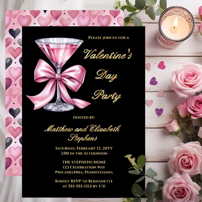 Pink Martini Coquette Bow Valantine's Day Party Foil Invitation (Valentine’s Day Party Gold Foil on Black Invitation | Pink Martini Bow Couple’s Valentine Invite)