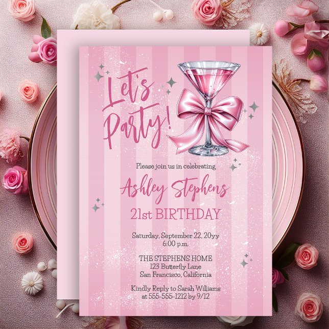 Pink Martini Let's Party 21st Birthday Party Invitation (Pink Martini "Let's Party" Adult Birthday Party Invitation)