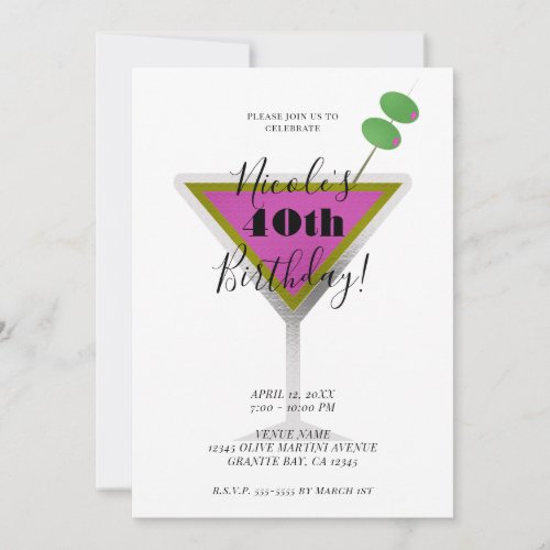Pink Martini Olive Glam Cocktail Birthday Party Invitation