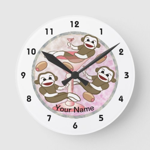 Pink Martini Sock Monkey custom name Round Clock