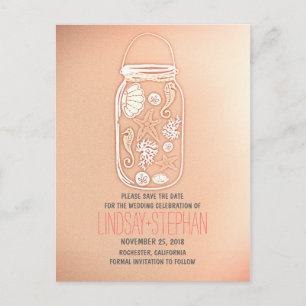 pink mason jar beach wedding save the date announcement postcard