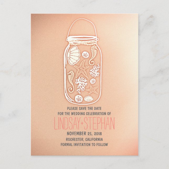 pink mason jar beach wedding save the date announcement postcard (Front)