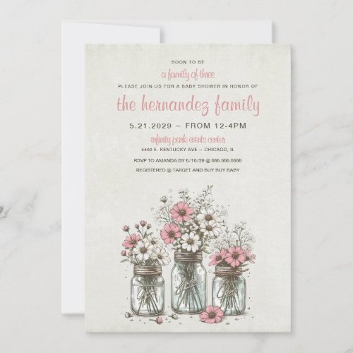 Pink Mason Jar Flowers Baby Shower Invitation