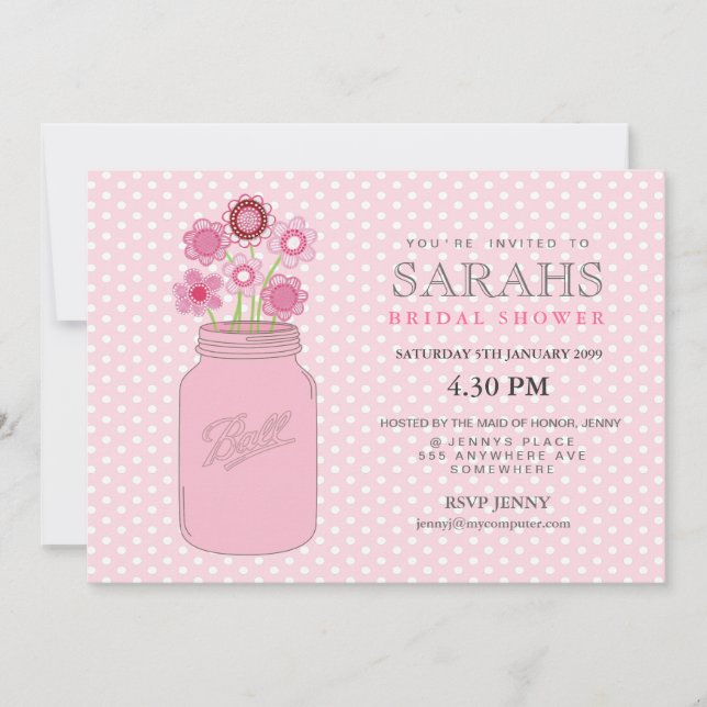 Pink Mason Jar Flowers Bridal Shower Party Invite (Front)