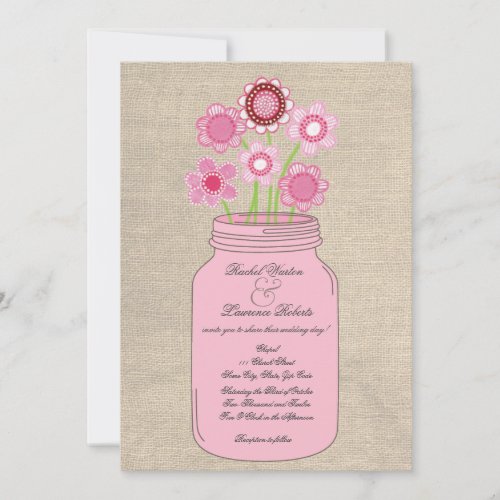Pink Mason Jar Flowers  Burlap Wedding Invitation