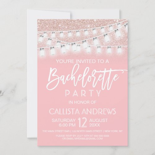 Pink Mason Jar String Lights Glitter Bachelorette Invitation