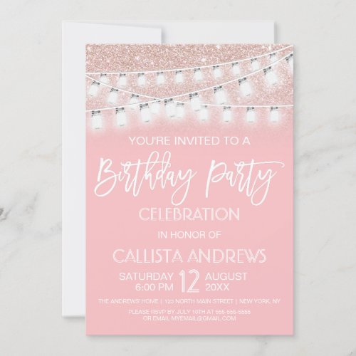 Pink Mason Jar String Lights Glitter Birthday Invitation