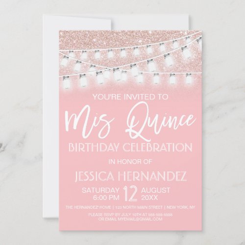 Pink Mason Jar String Lights Glitter Quinceaera Invitation