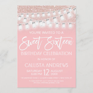 Pink Mason Jar String Lights Glitter Sweet 16 Invitation