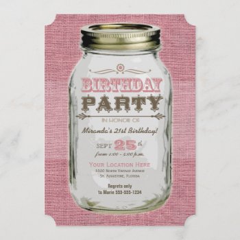 Pink Mason Jar Vintage Look Birthday Party Invitation by prettypicture at Zazzle