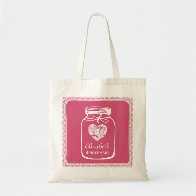 Pink Mason Jar Wedding Tote Bag BRIDESMAID A01 (Front)