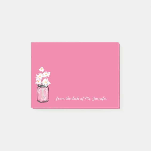 Pink Mason Jar White Daisy Floral Personalize Note (Front)