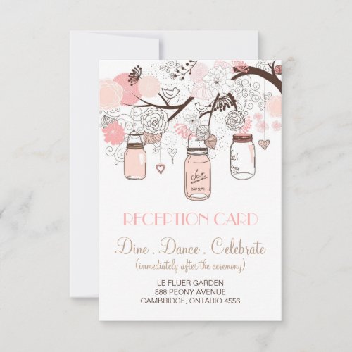 Pink Mason Jars and Love Birds Reception Card