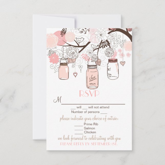 Pink Mason Jars and Love Birds RSVP Wedding Card (Front)